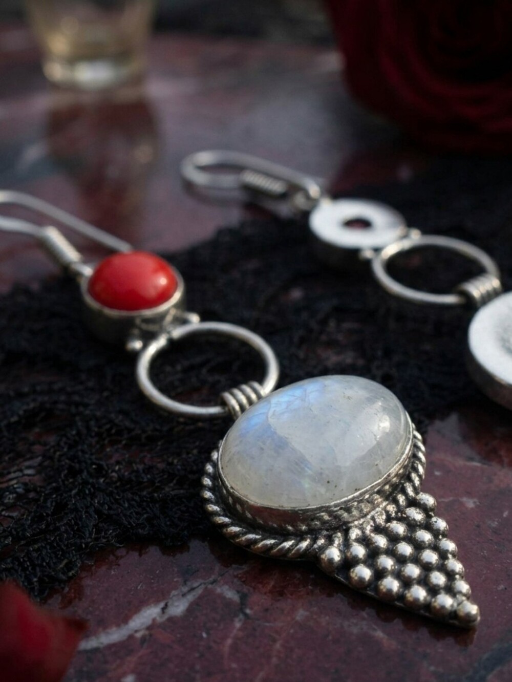 925 Sterling Silver Whimsigoth Moonstone and Red Coral Drop Earrings 2.5" - Picture 5 of 16